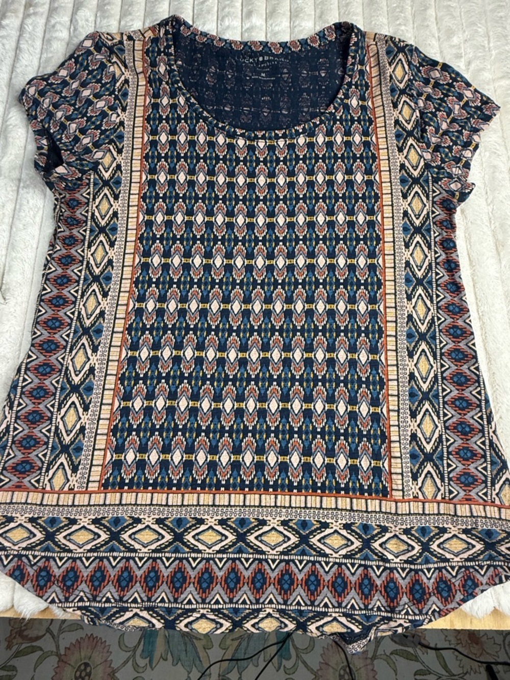 LUCKY BRAND Med Boho Tribal Lightweight Panel Print Short Sleeve Top - Picture 8 of 10
